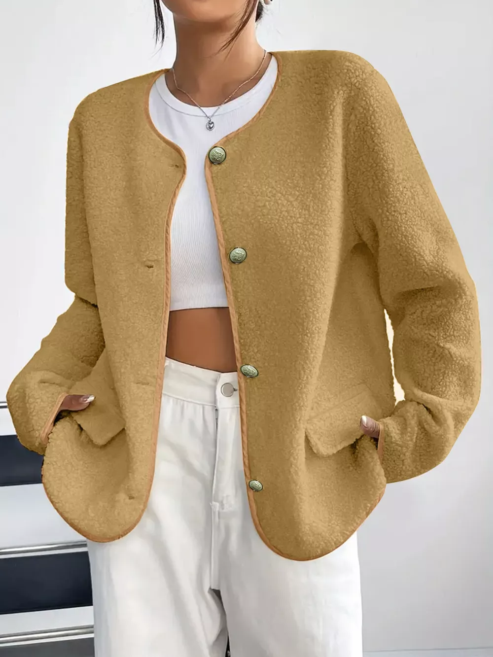 Full Size Textured Button-Up Fleece Outerwear Plus Size, image 11