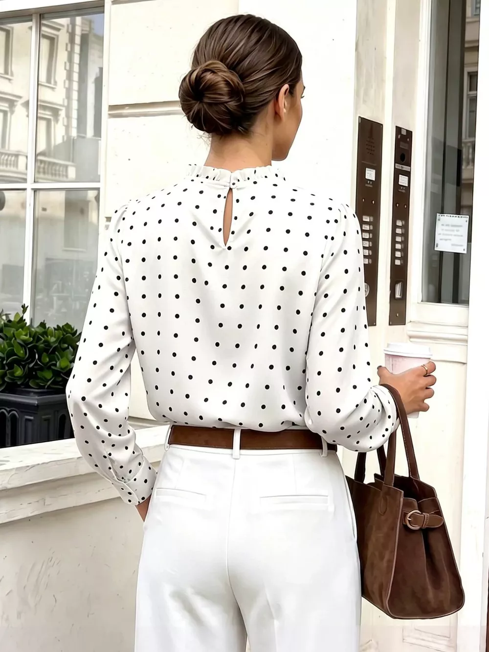 Elegant Polka Dot Print Mock Neck Long Sleeve Blouse, image 3