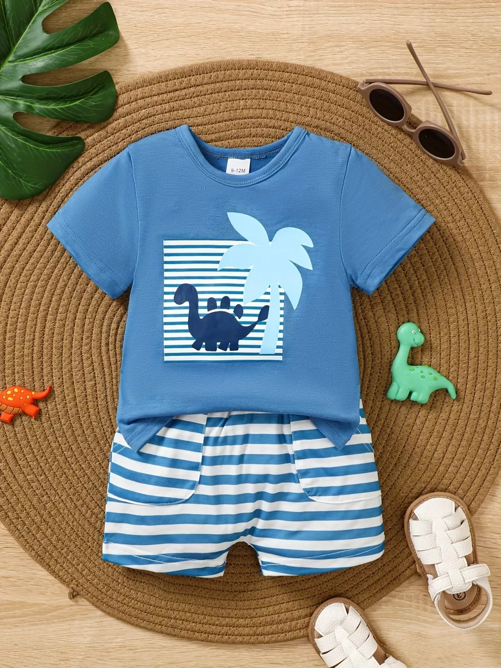 Children's Dinosaur Print Tee & Striped Shorts Set, image 3