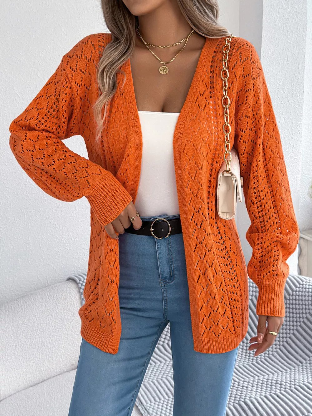Openwork Open-Front Long Sleeve Cardigan, image 10