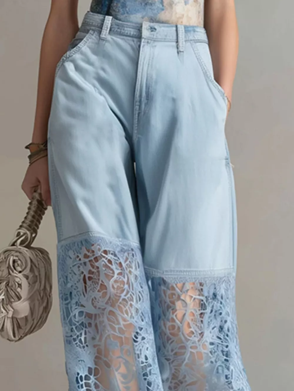 Lace Patchwork Wide Leg Jeans, image 2