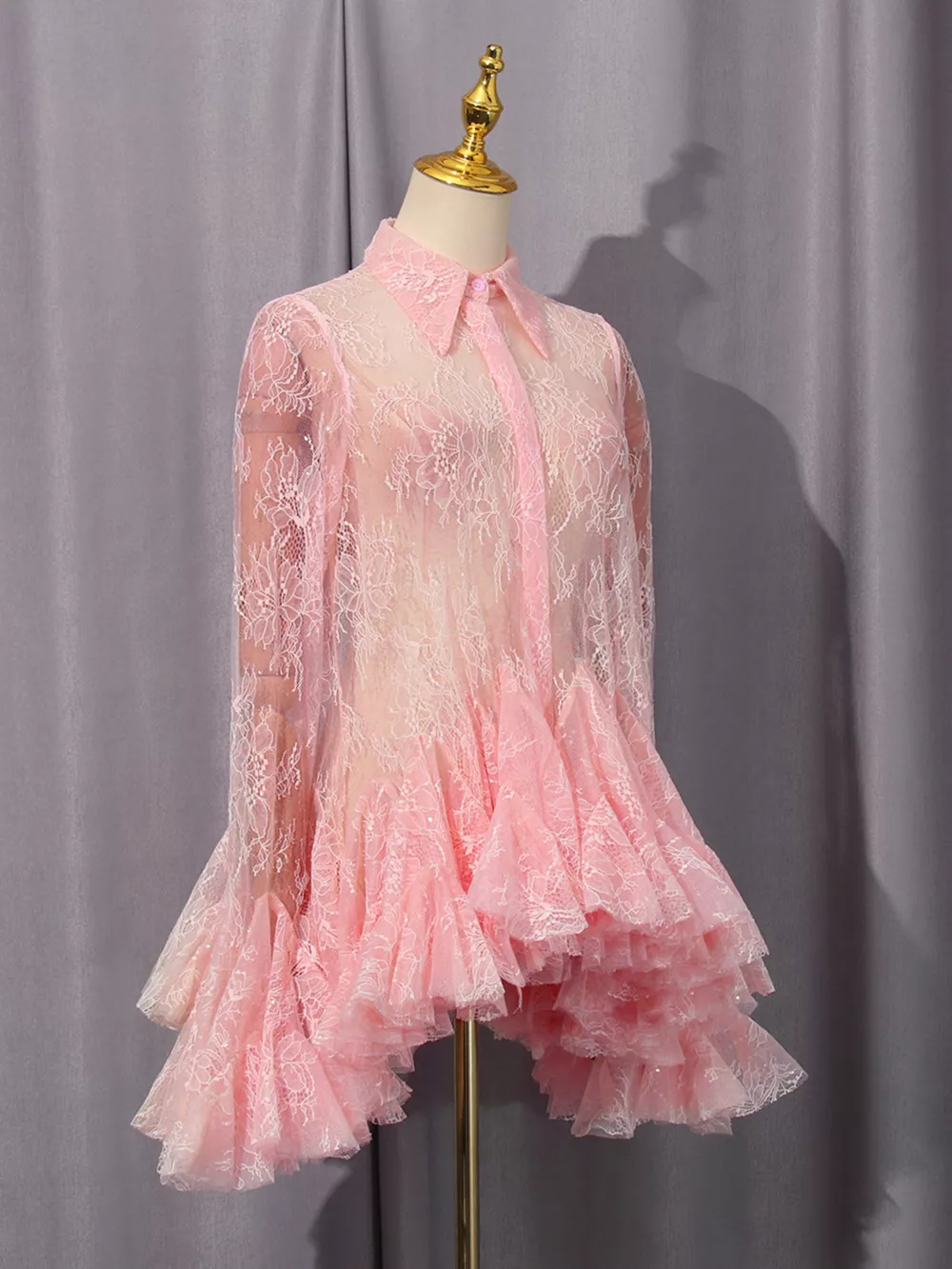 Ruffled Hem Lace Long Sleeve Dress, image 3