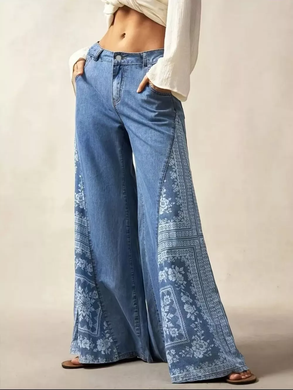 Floral Print Wide-Leg Flare Jeans, image 2