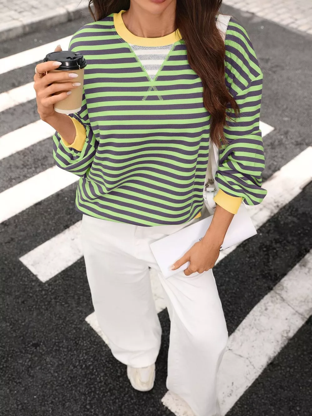 Contrast Trim Striped Crew Neck Sweatshirt, image 9