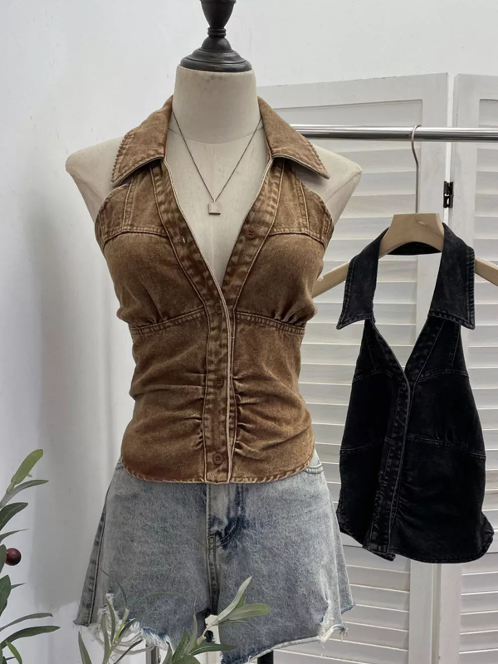 Smocked Denim Halter Collar Top, image 15