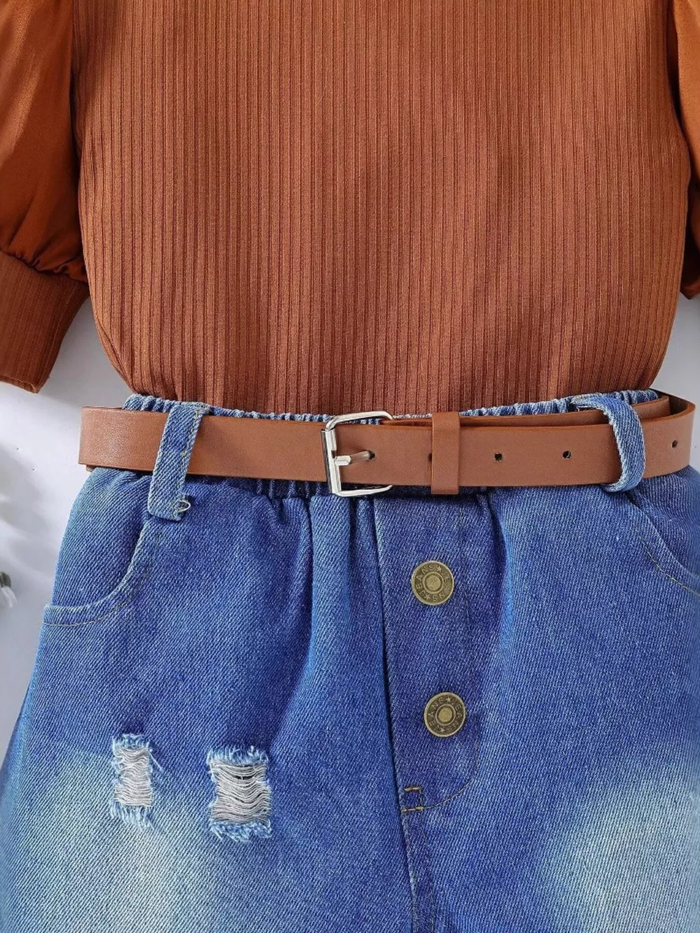 Children's Puff Sleeve Top and Denim Shorts Set, image 5