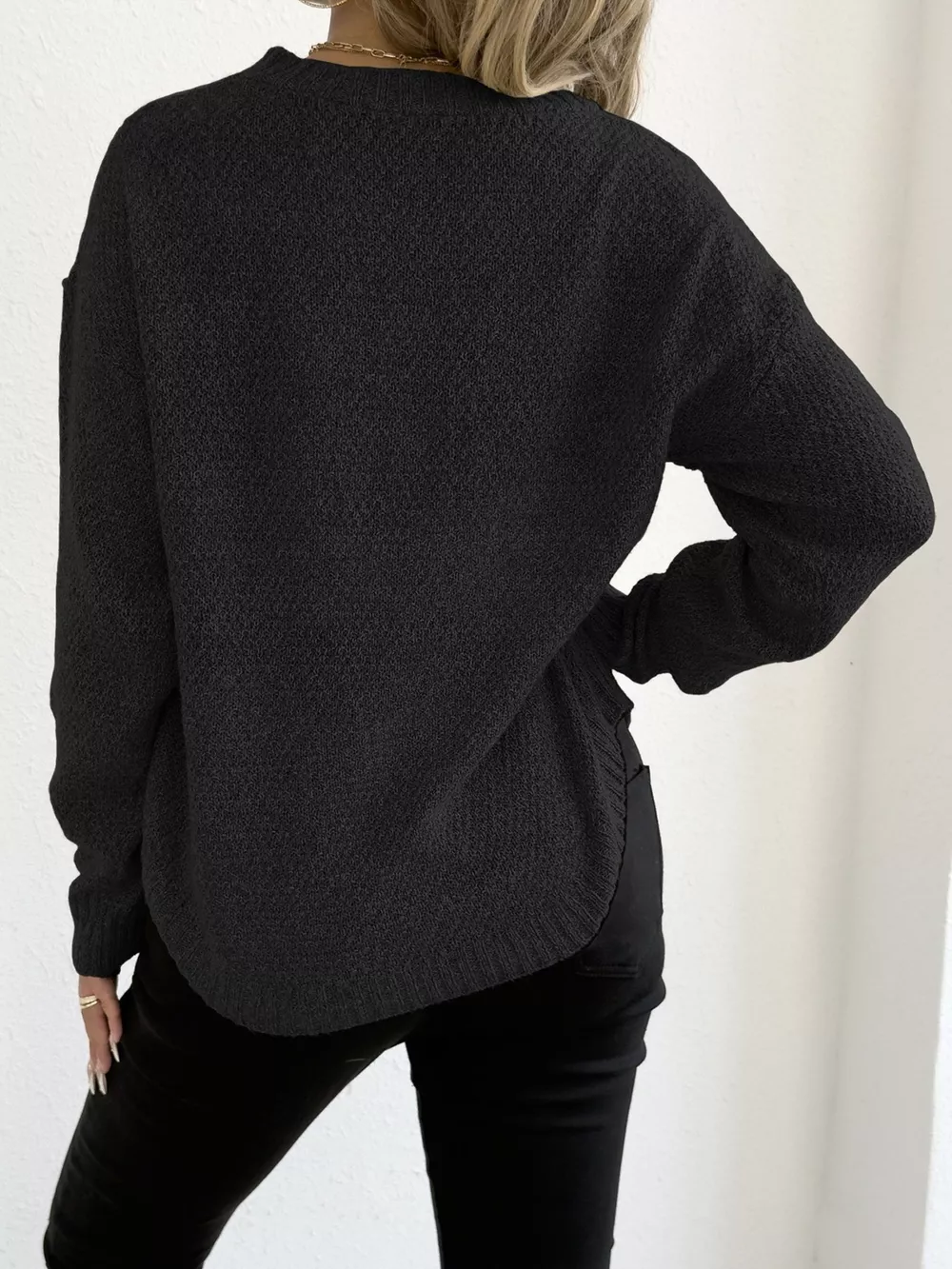 Textured Knit Relaxed Fit Round Neck Sweater, image 10