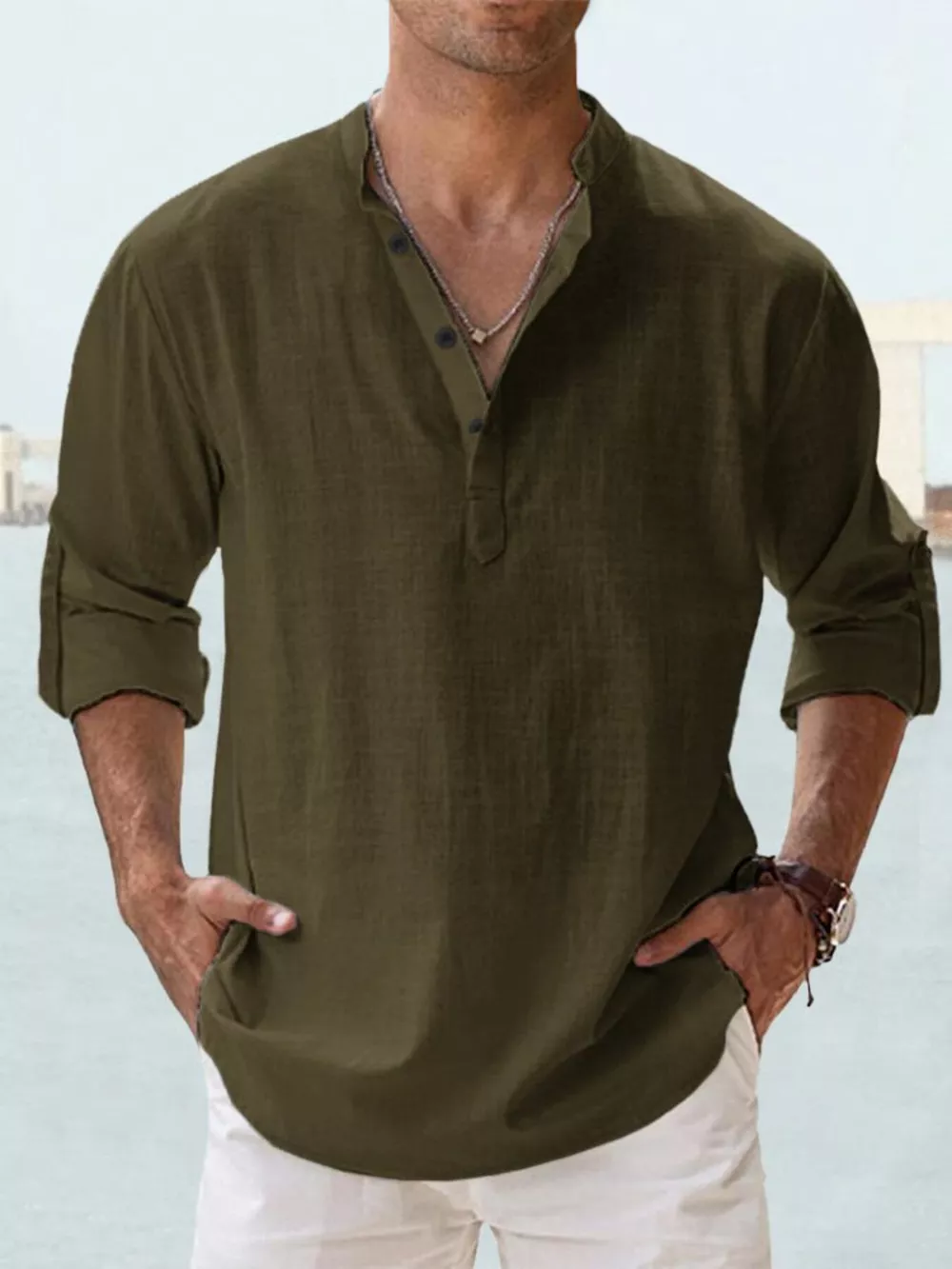 Men's Full Size Casual Button Detail Roll-Up Sleeve Blouse Plus Size