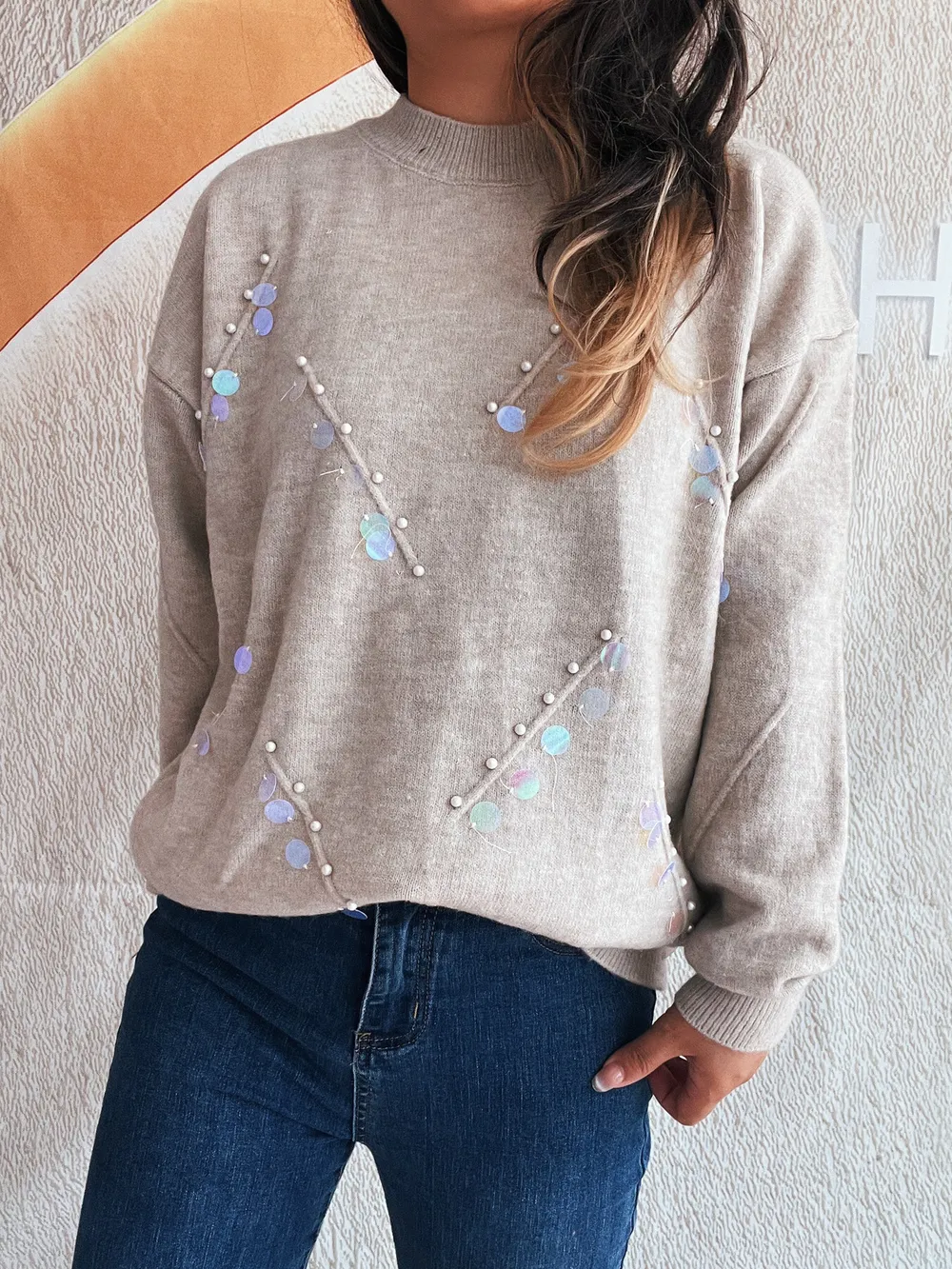 Sequined Embellished Round Neck Sweater, image 4