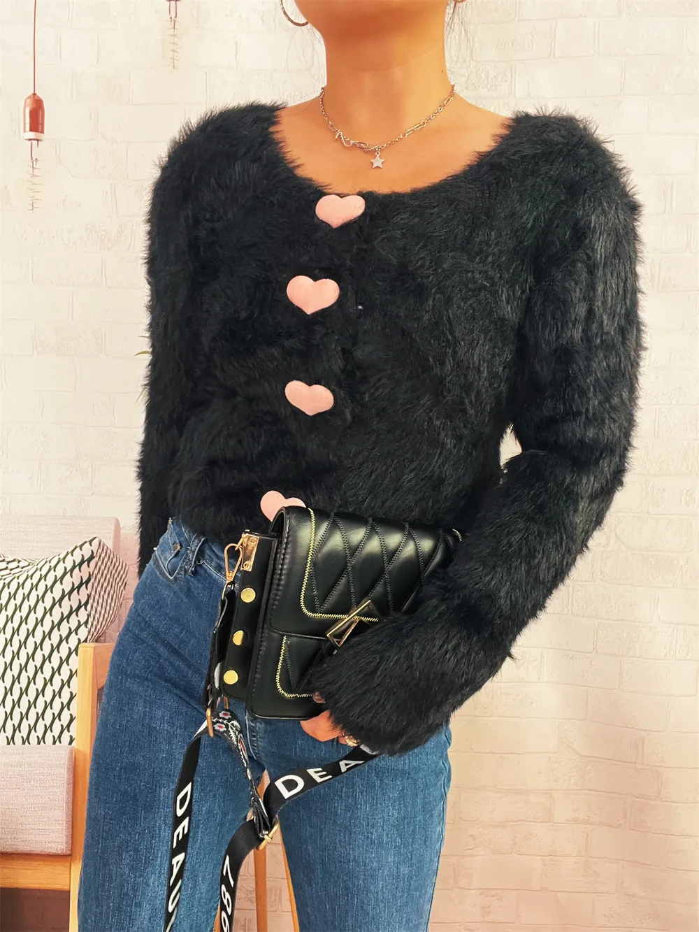 Fuzzy Heart Shape Button-Up Cardigan, image 9