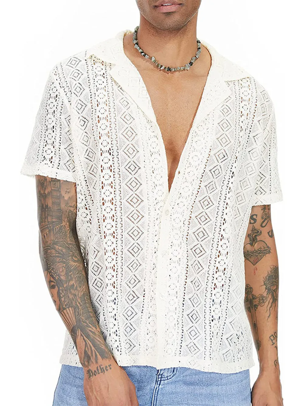 Men's Full Size Lace Button Up Short Sleeve Shirt Plus Size, image 2