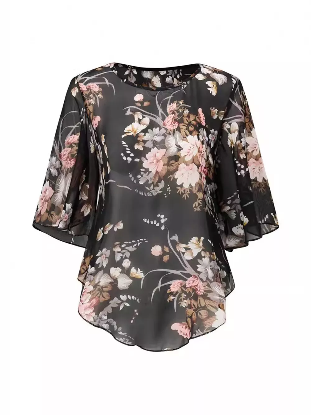 Sheer Floral Print Round Neck Blouse, image 7