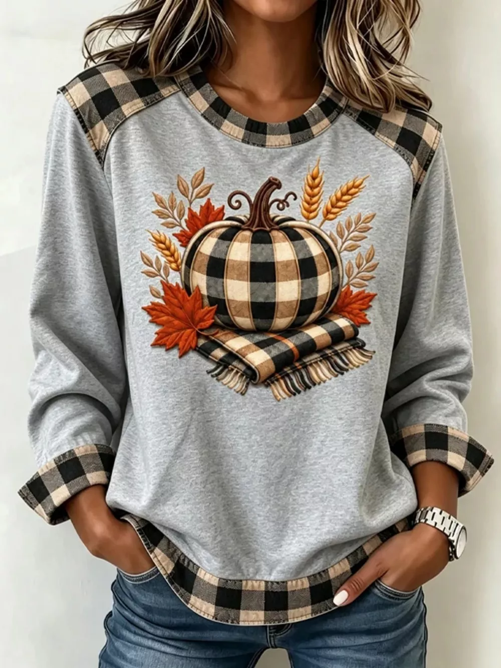 Full Size Pumpkin Plaid Patchwork Long Sleeve Sweatshirt Plus Size, image 7