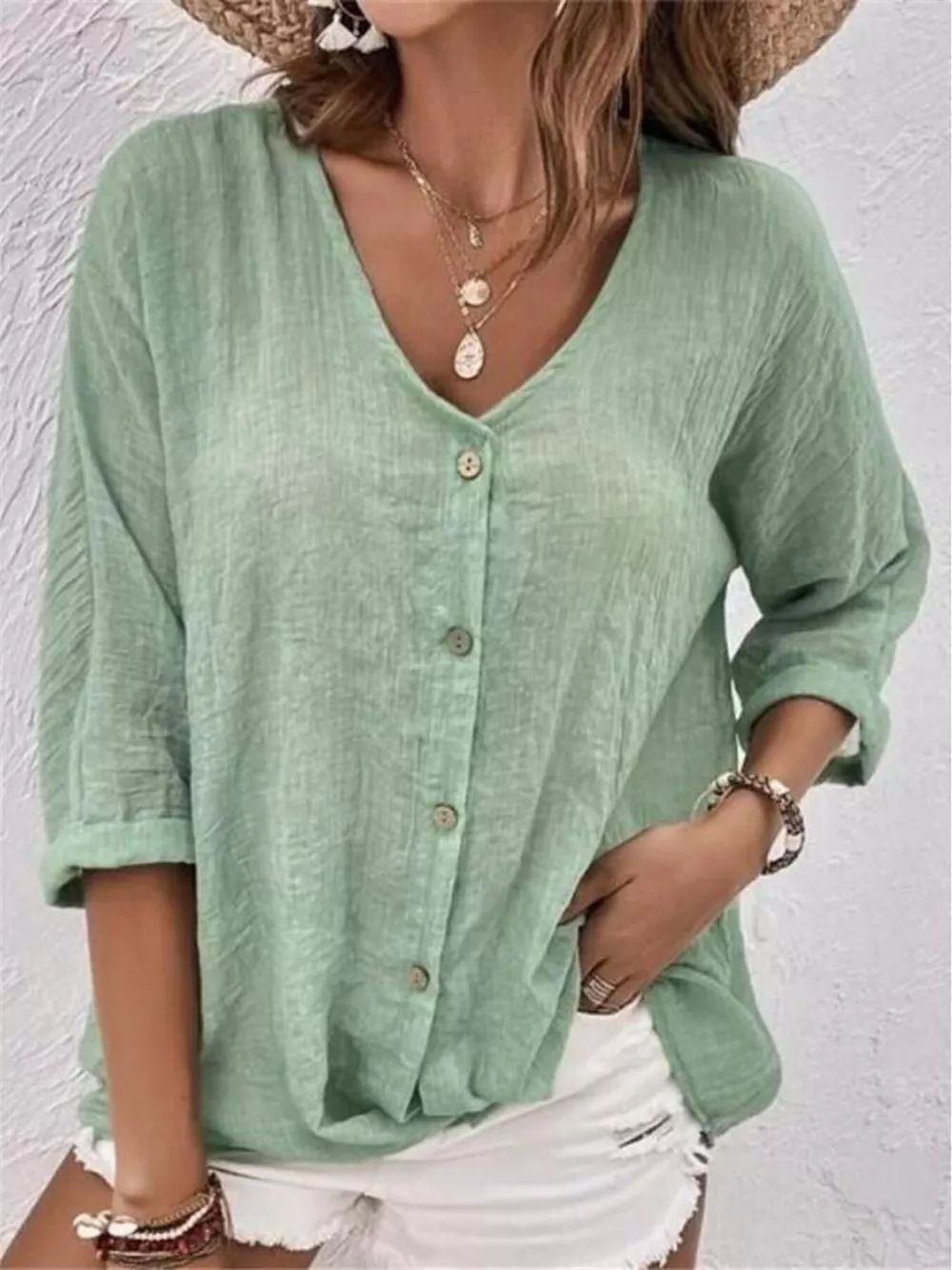 Full Size Casual V-Neck Button-Down Blouse Plus Size, image 4
