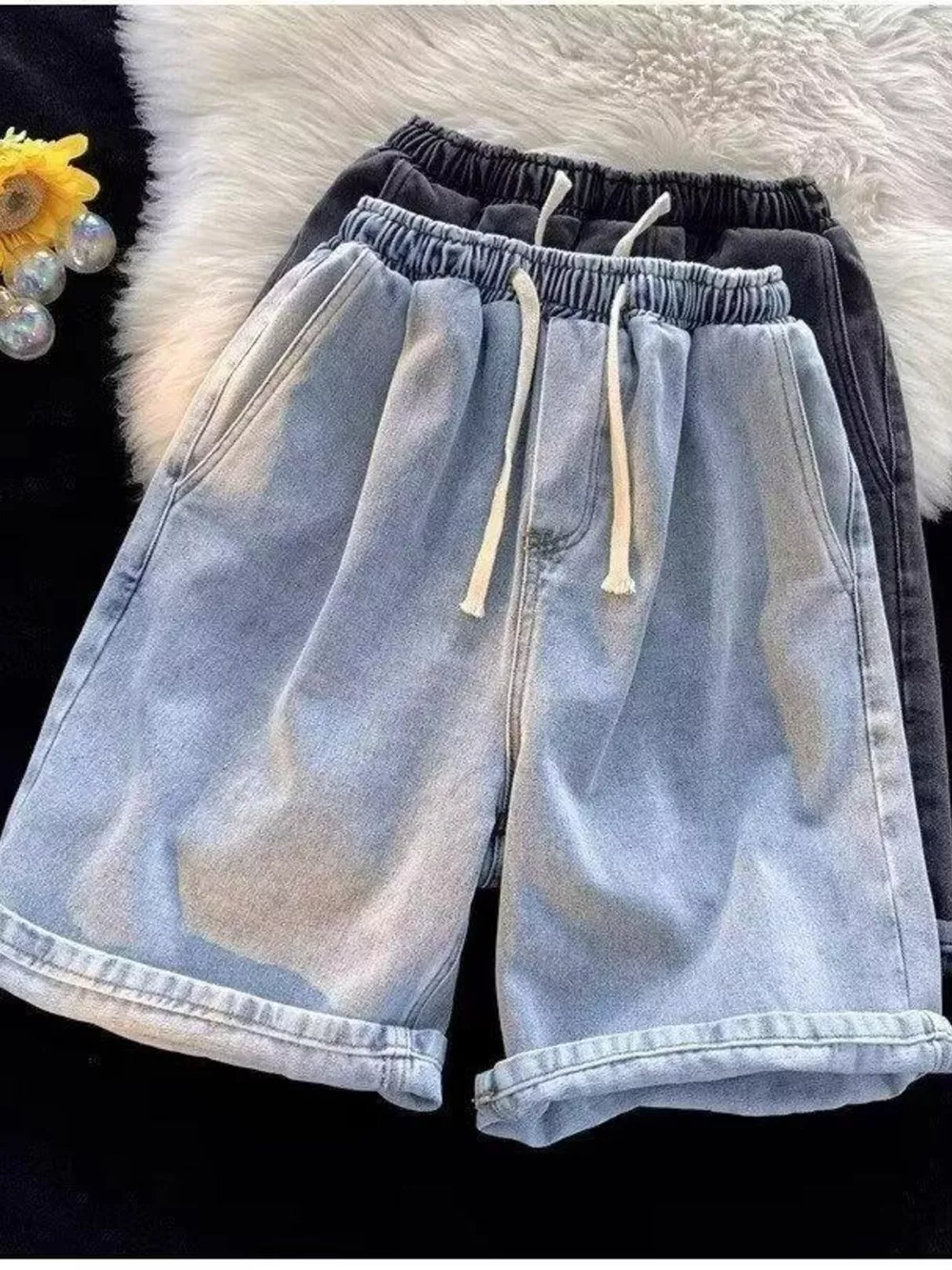Men's Full Size Elastic Waist Washed Denim Shorts Plus Size, image 4