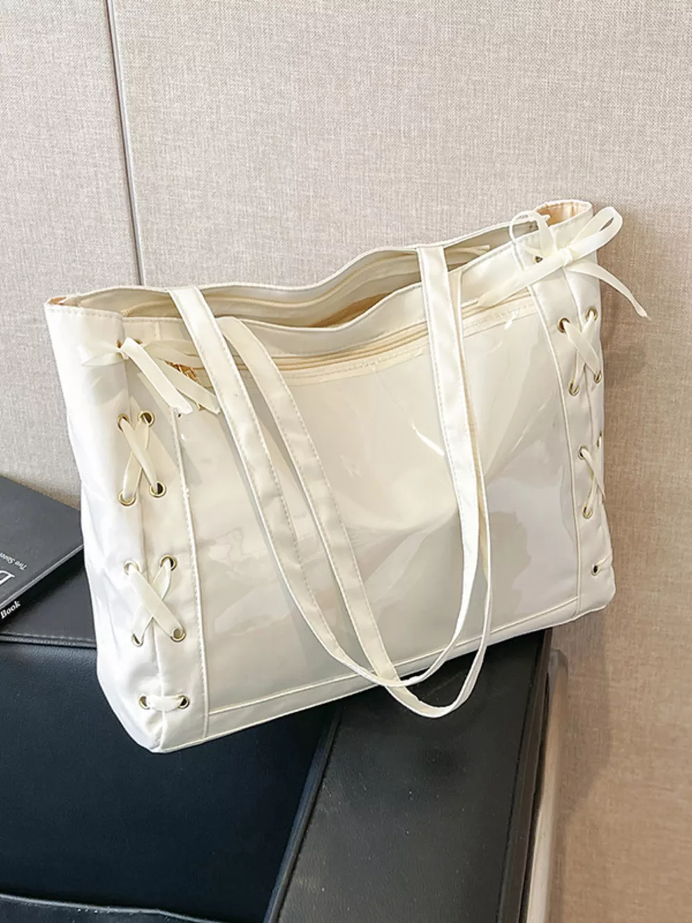 Lace-Up Trim Clear Panel Shoulder Bag, image 19