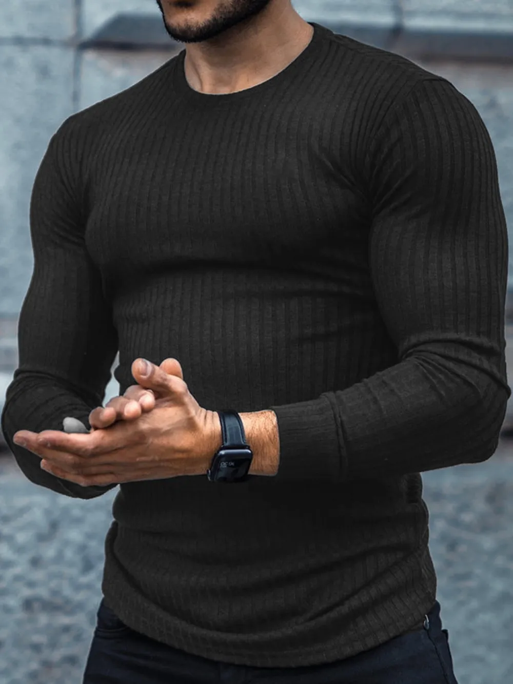Men's Ribbed Round Neck Long Sleeve T-Shirt, image 7