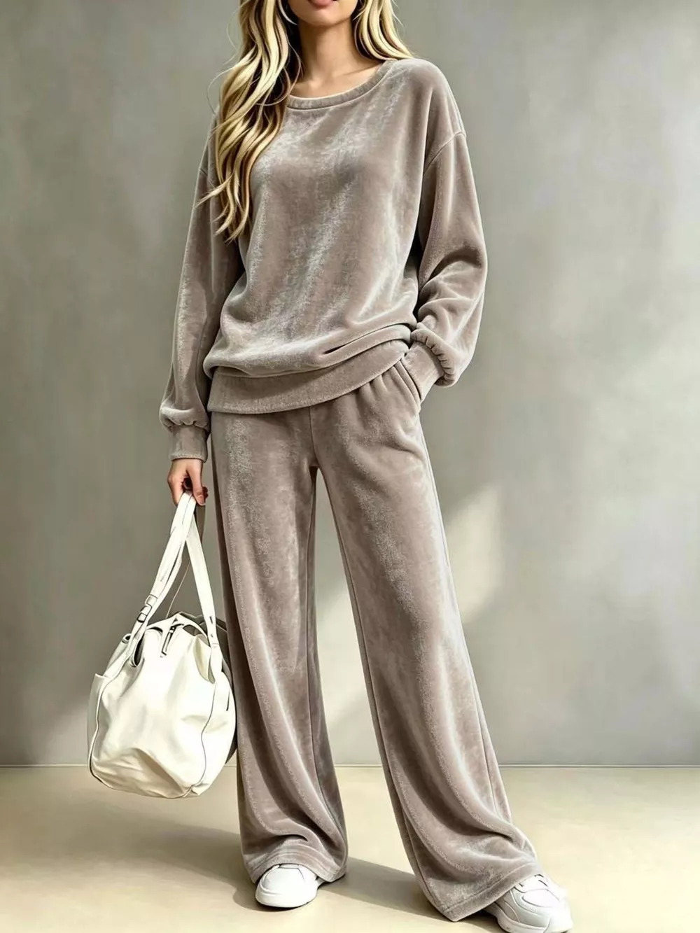 Full Size Dropped Shoulder Velvet Top and Wide Leg Pants Set Plus Size, image 5