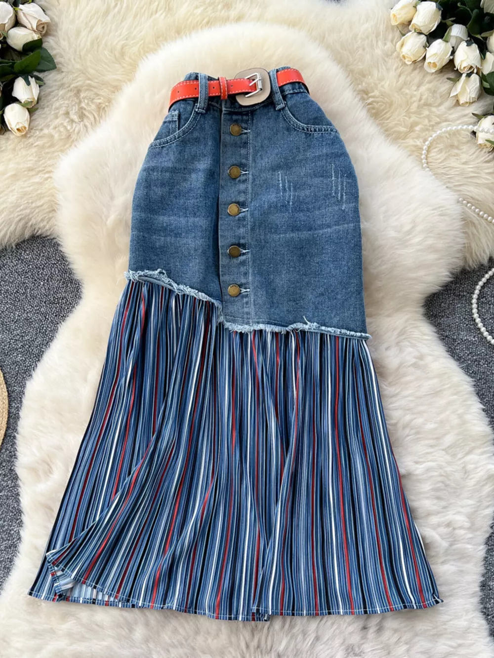 Full Size Striped Patchwork Denim Skirt Plus Size