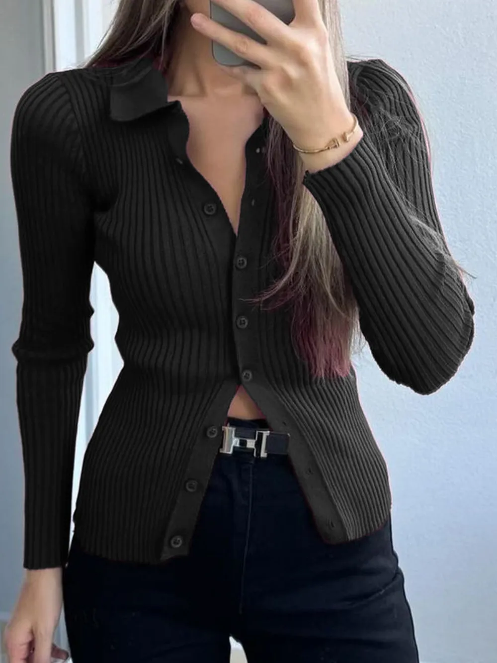 Ribbed Button-Front Long Sleeve Cardigan, image 8