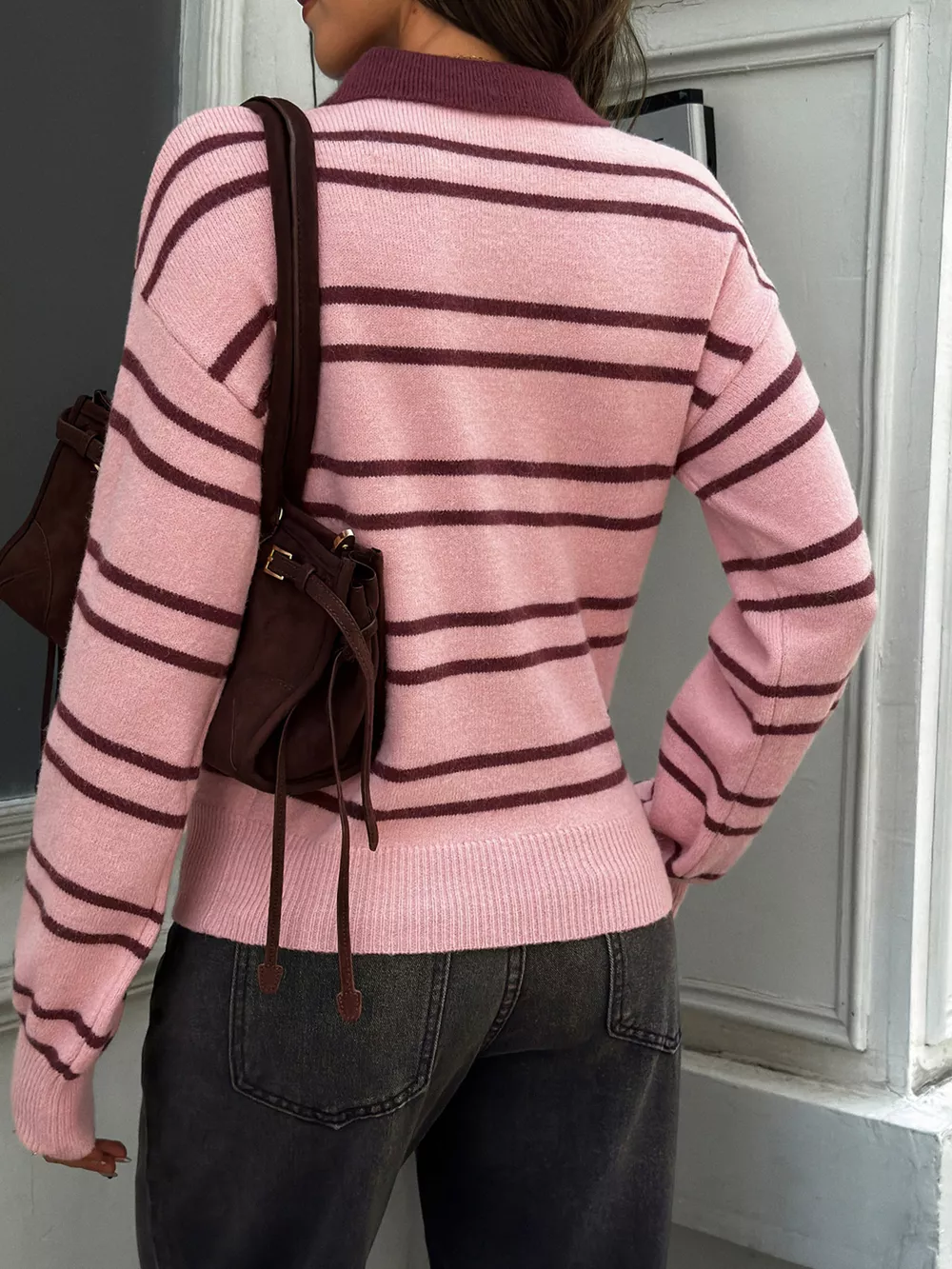 Striped Polo Collar Dropped Shoulder Sweater, image 5