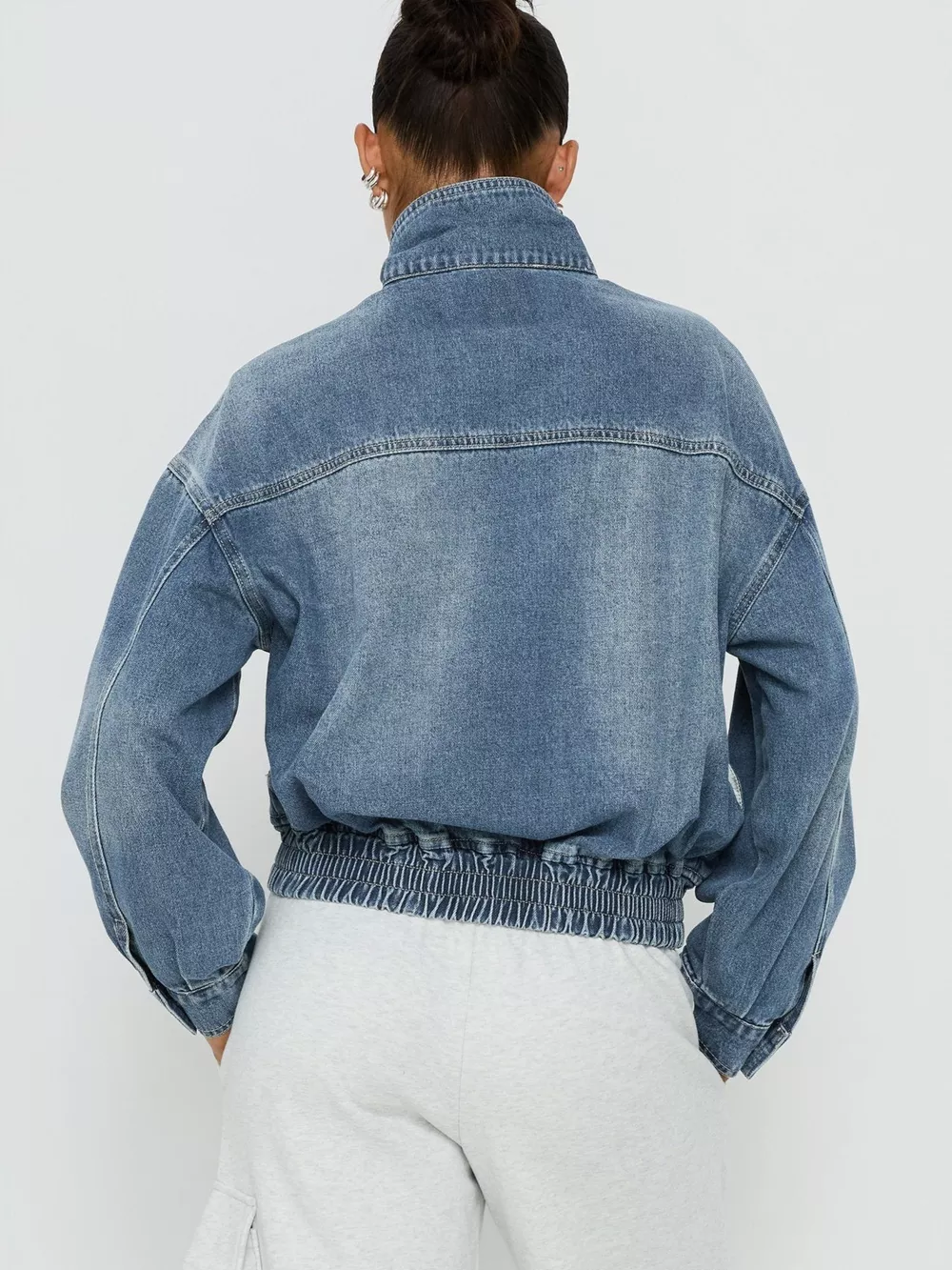 Washed Stand-Up Collar Denim Jacket, image 4