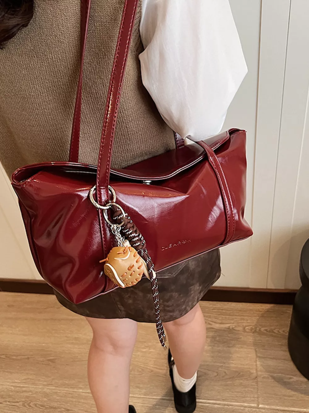 Solid Color Leather Shoulder Bag, image 9