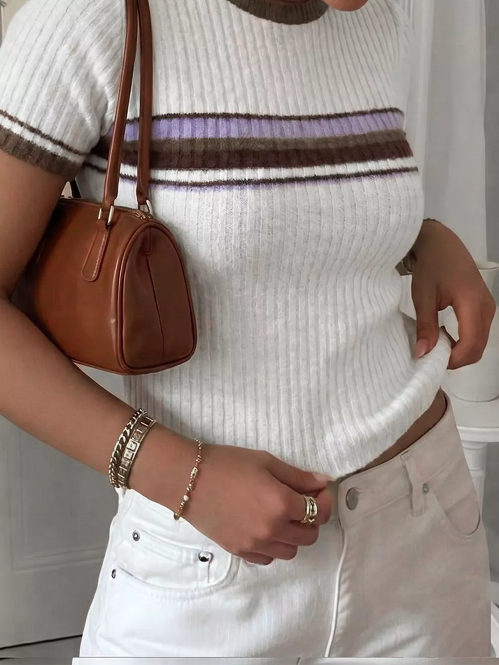 Striped Short Sleeve Knit Top, image 3