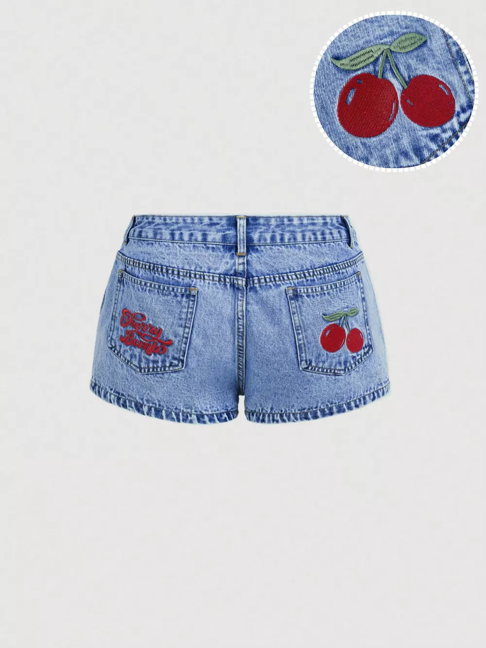 Cherry Embroidered Denim Shorts