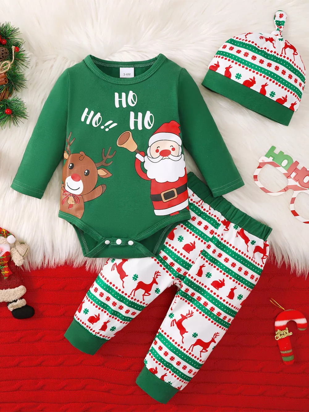 Children's Christmas Santa and Reindeer Print Long Sleeve Bodysuit and Pants Set with Hat