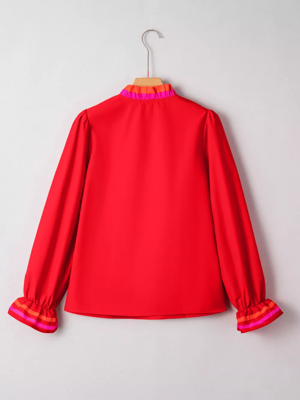 Striped Trim Ruffle Split Neck Long Sleeve Blouse, image 4