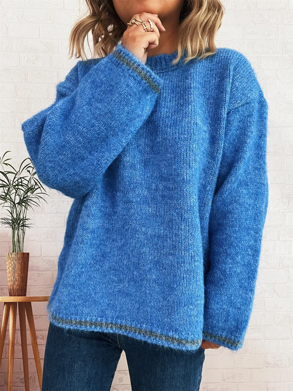 Contrast Trim Round Neck Cozy Sweater, image 27