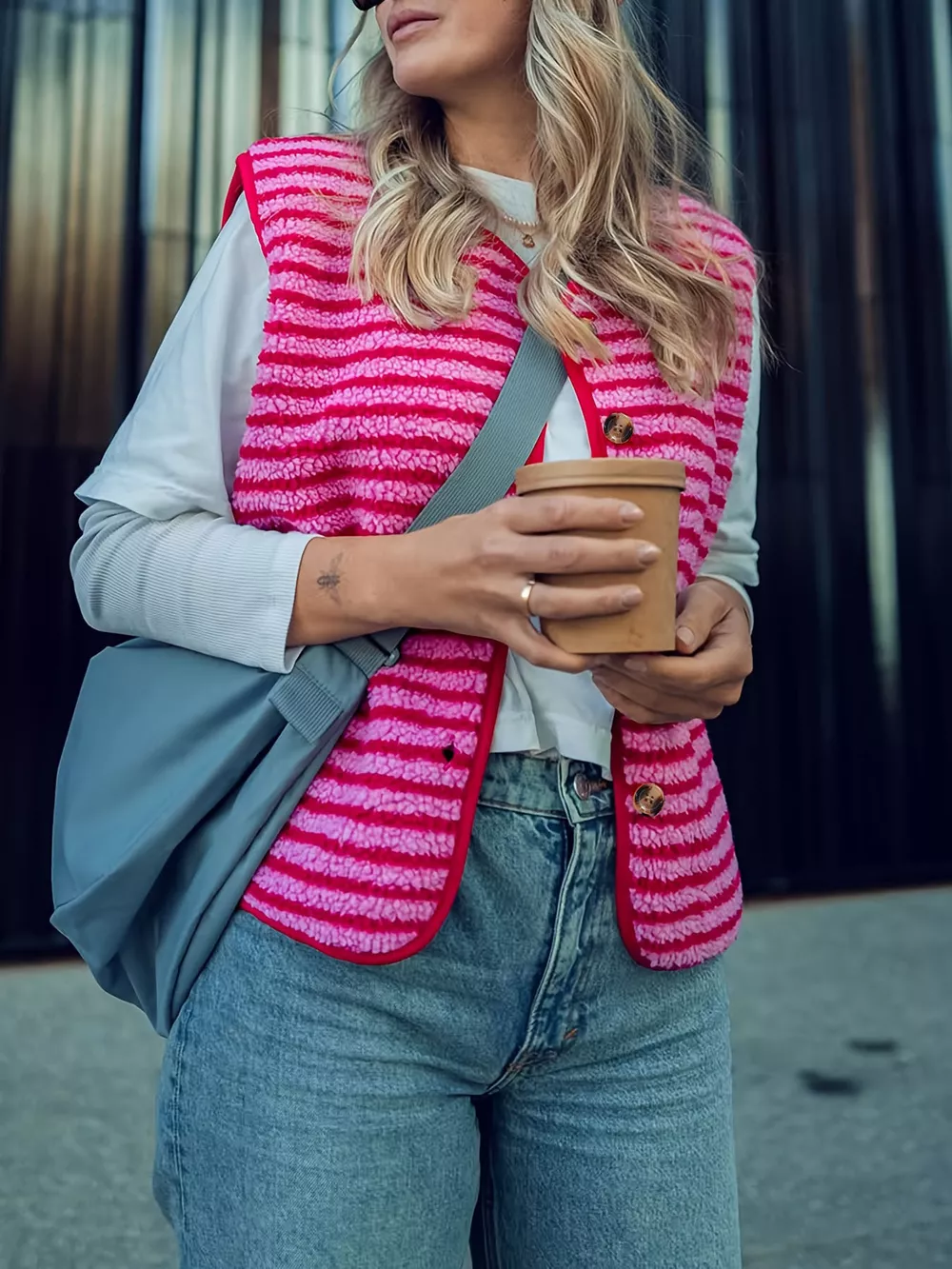 Striped Fleece Button-Up Vest Coat, image 2