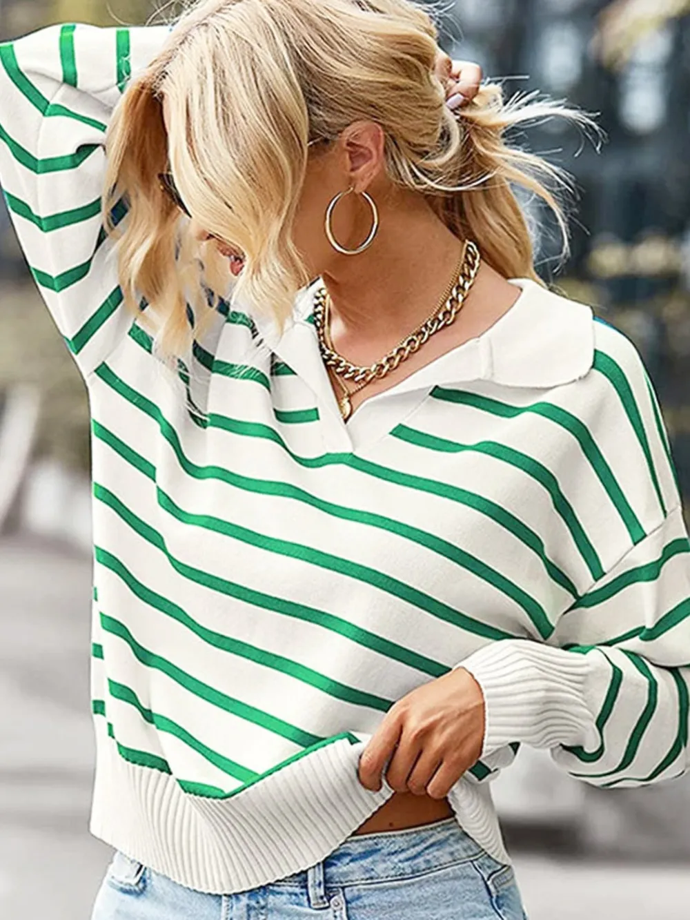 Ribbed Hem Long Sleeve Striped Sweater, image 10