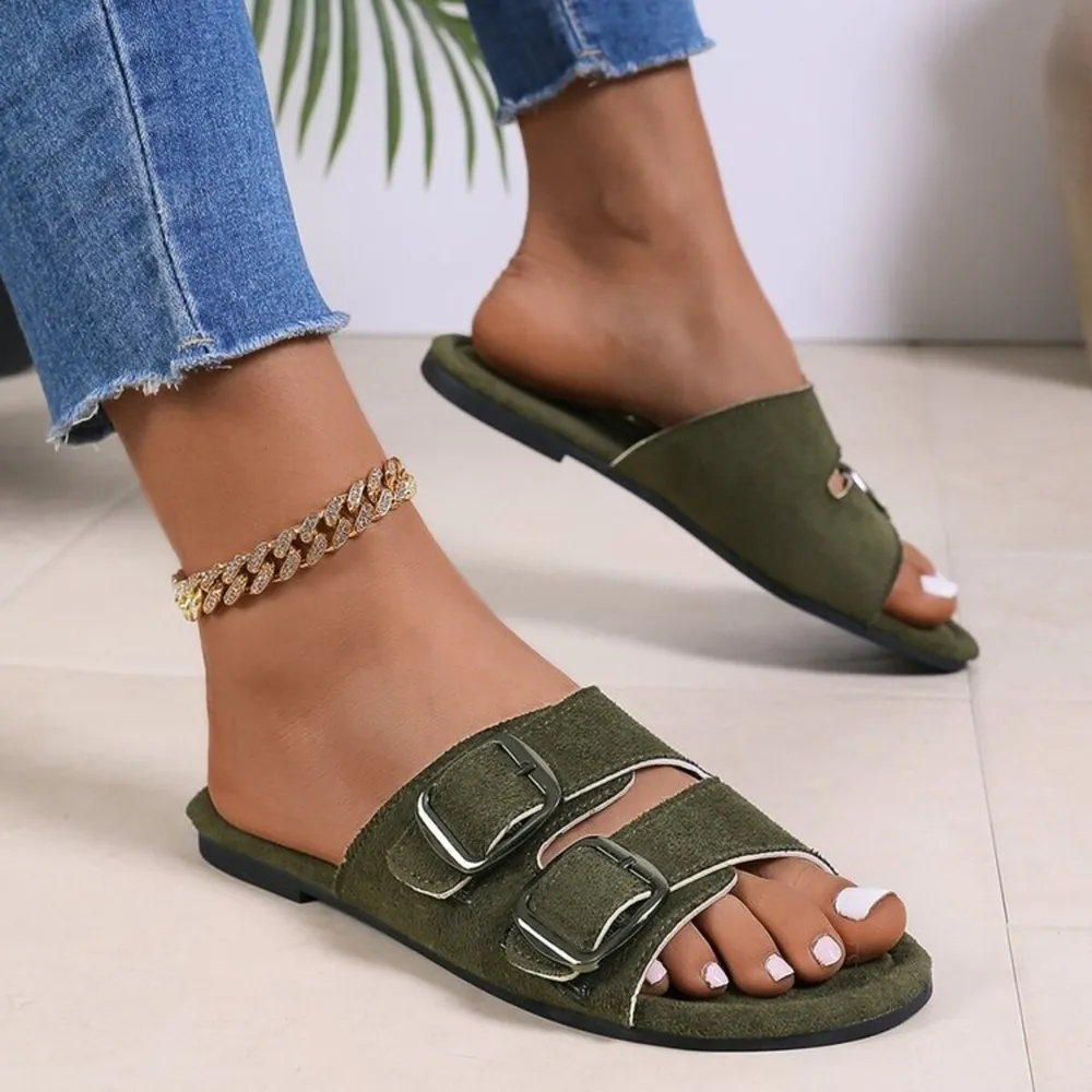 Double Buckle Flat Slide Sandals, image 3