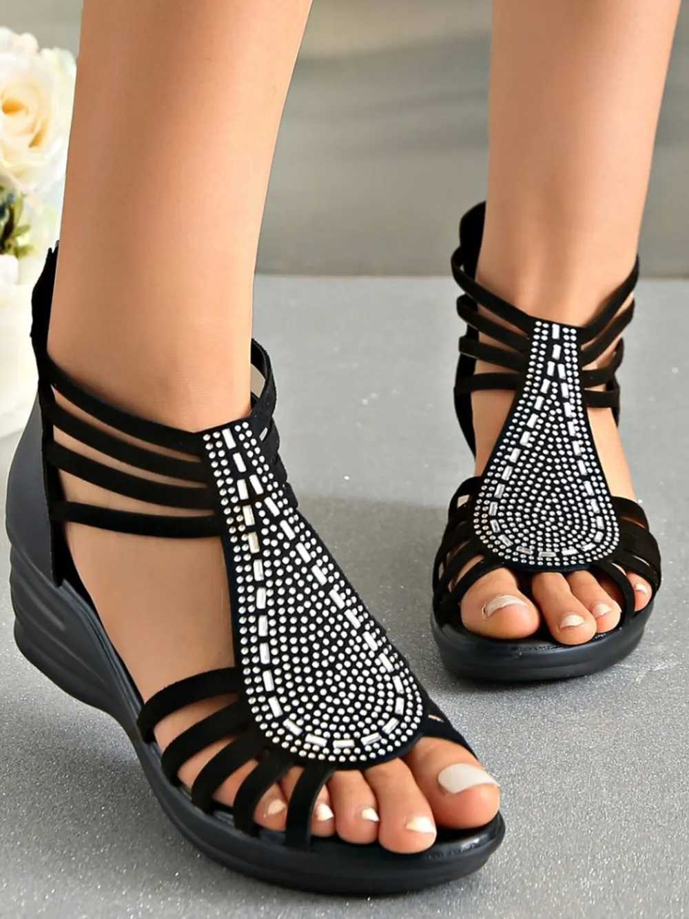 Rhinestone Embellished Strappy Wedge Sandals, image 2