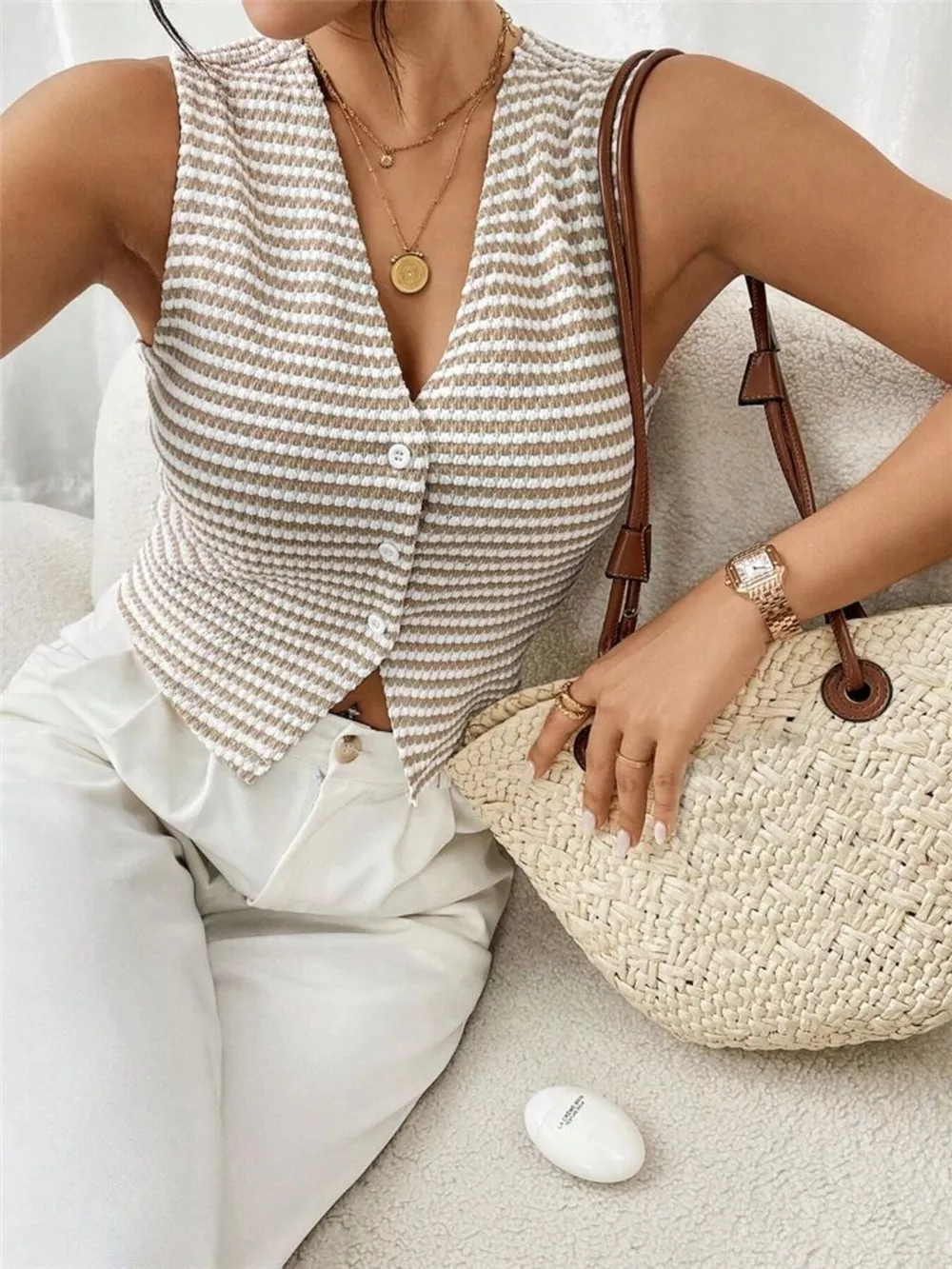 Striped Knit V-Neck Vest, image 5
