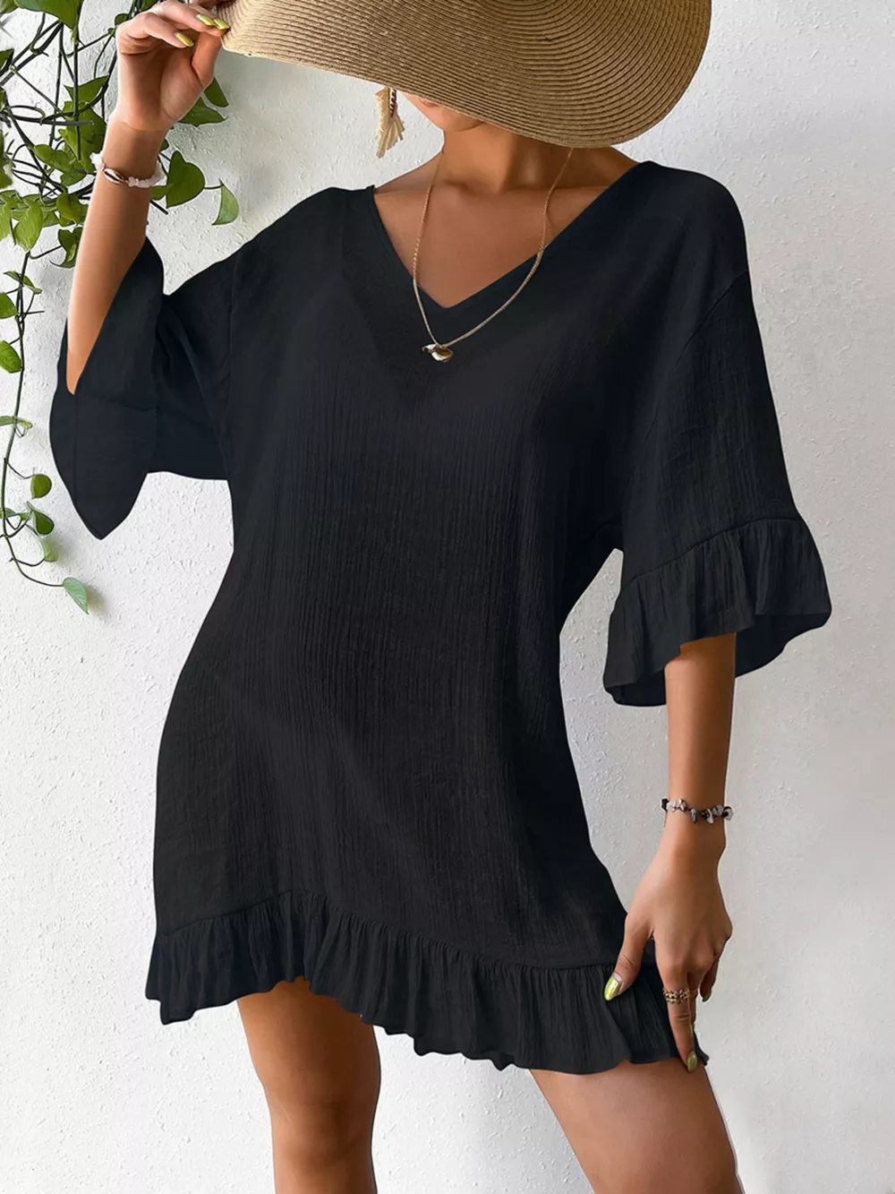 Ruffle Trim Butterfly Back V-Neck Cover-Up Dress, image 7