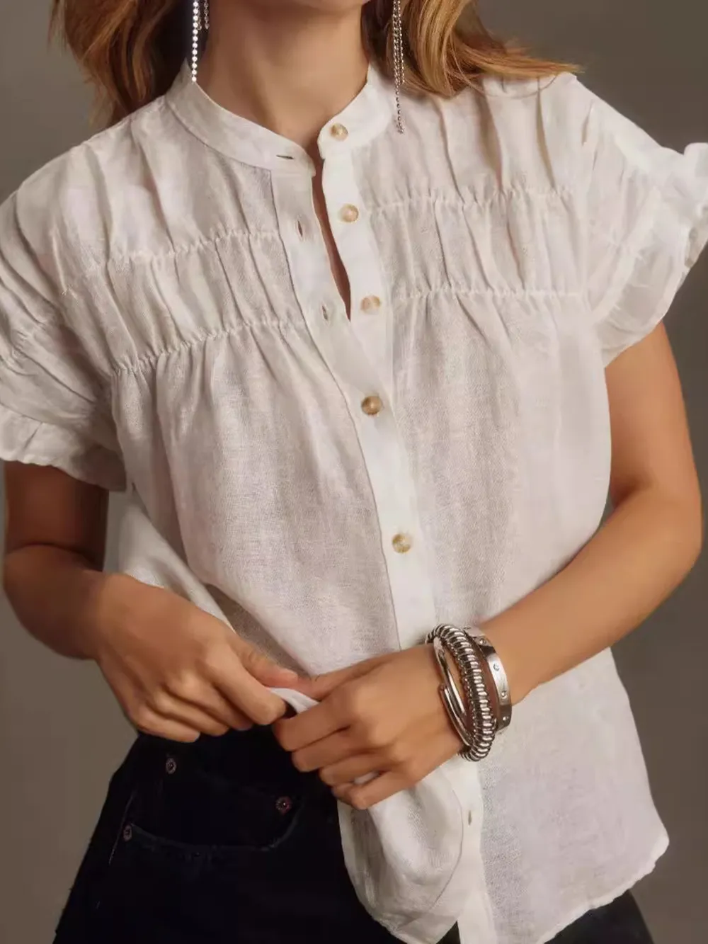 Ruffled Short Sleeve Button Up Shirt, image 5
