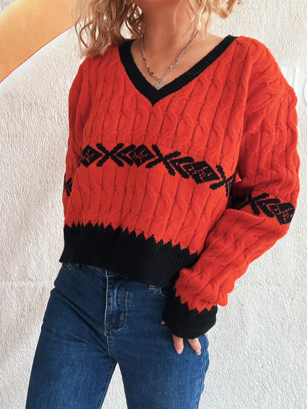Cable Knit V-Neck Sweater, image 5