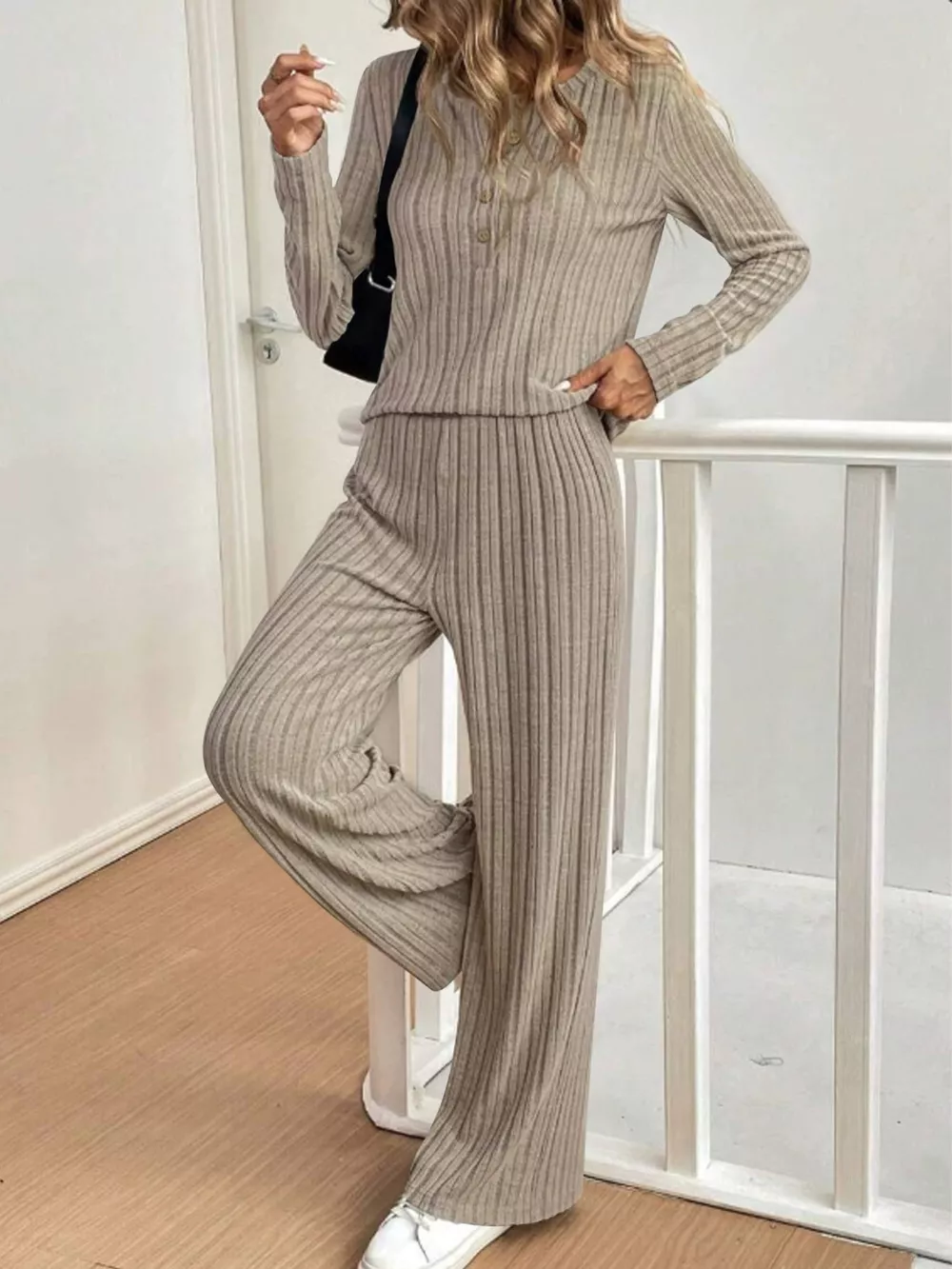 Plus Size Ribbed Knit Button-Front Top and Pants Set, image 10