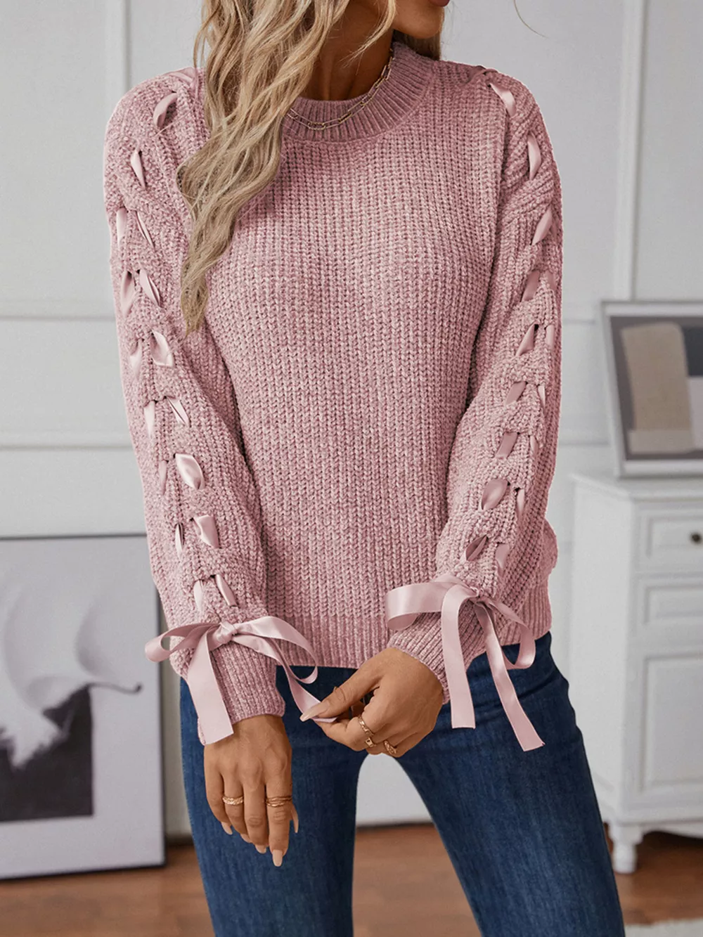 Ribbon-Tie Sleeve Round Neck Sweater, image 11