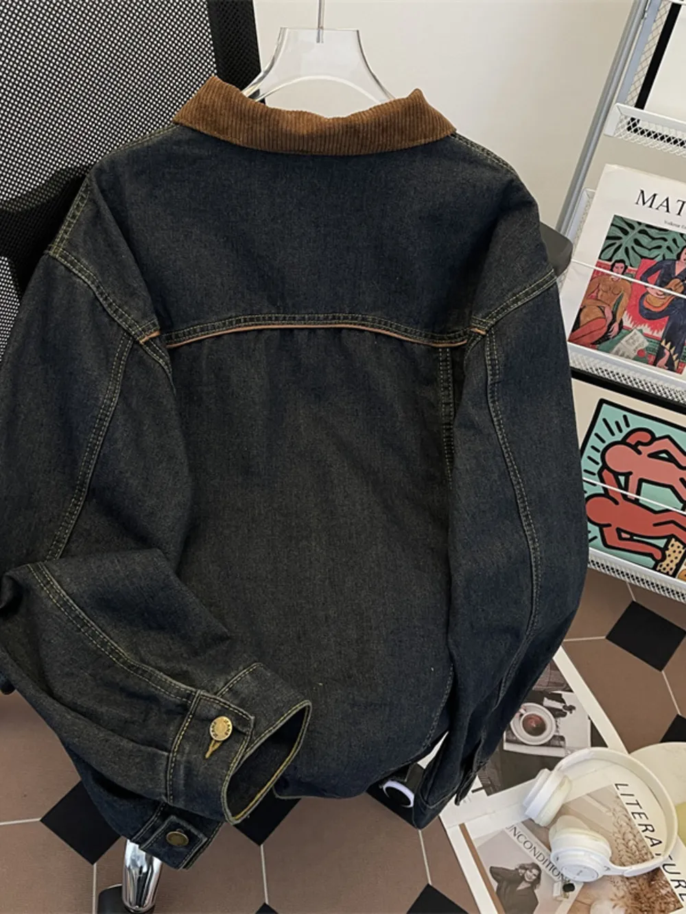 Men's Plus Size Corduroy Collar Button Up Denim Jacket, image 2