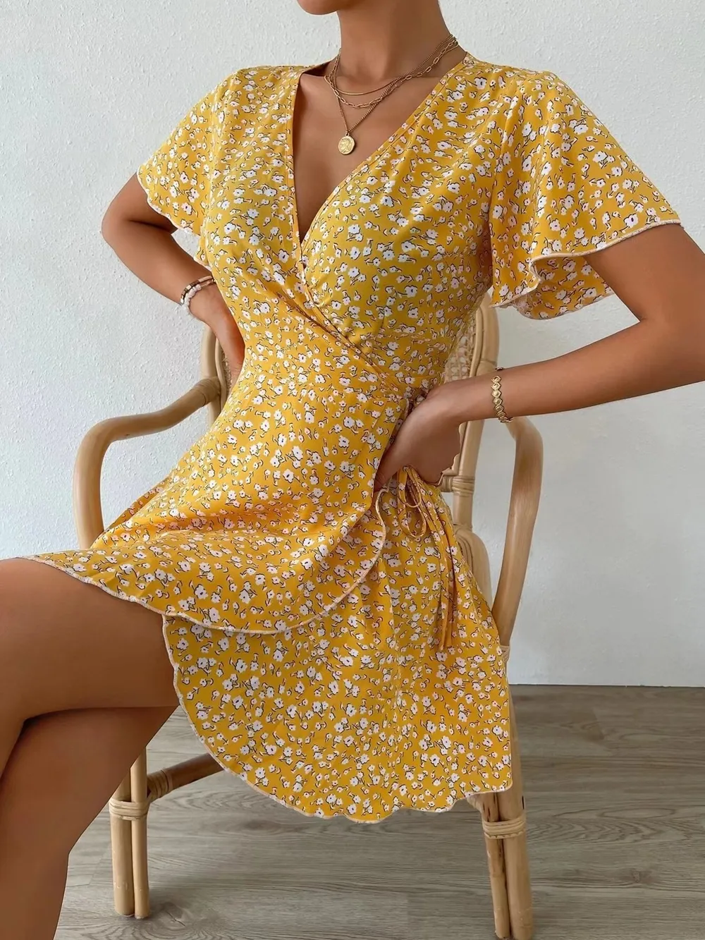 Floral Flutter Sleeve Wrap Mini Dress, image 8