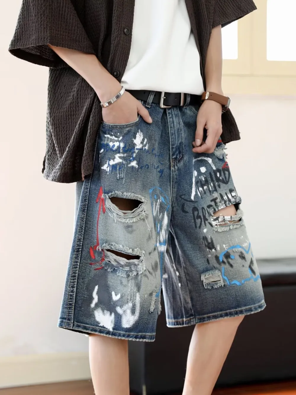 Men's Plus Size Distressed Loose Fit Denim Shorts, image 4