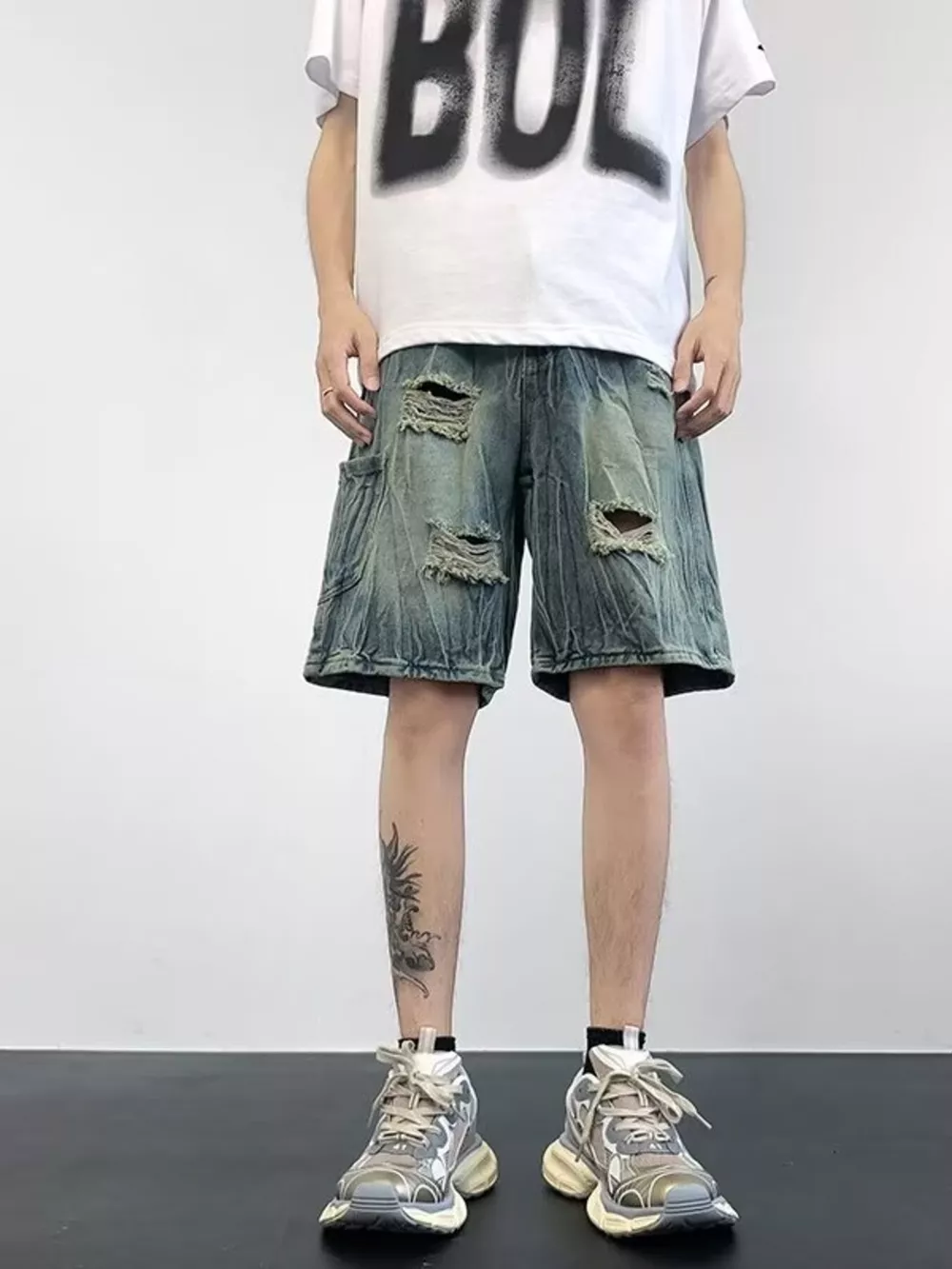 Men's Plus Size Distressed Wide Leg Denim Shorts, image 4