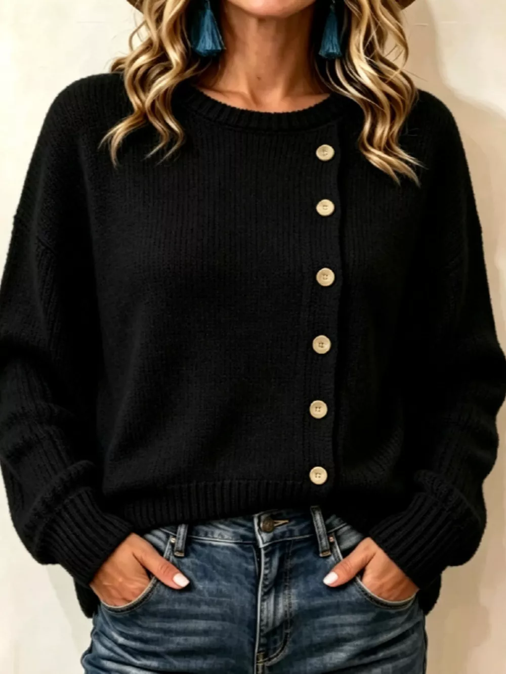 Decorative Button Dropped Shoulder Sweater, image 5