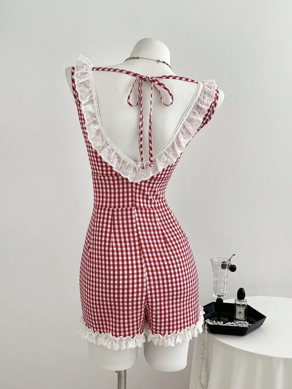 Gingham Lace-Trimmed Romper with Bow Detail, image 4