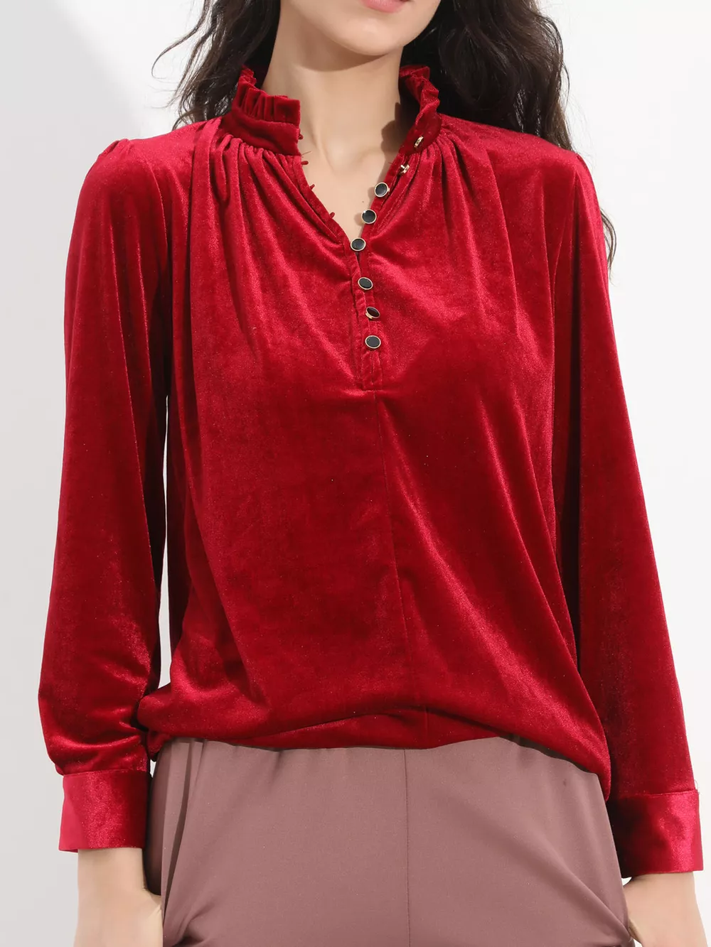 Elegant Velvet Ruffle Neck Blouse, image 2