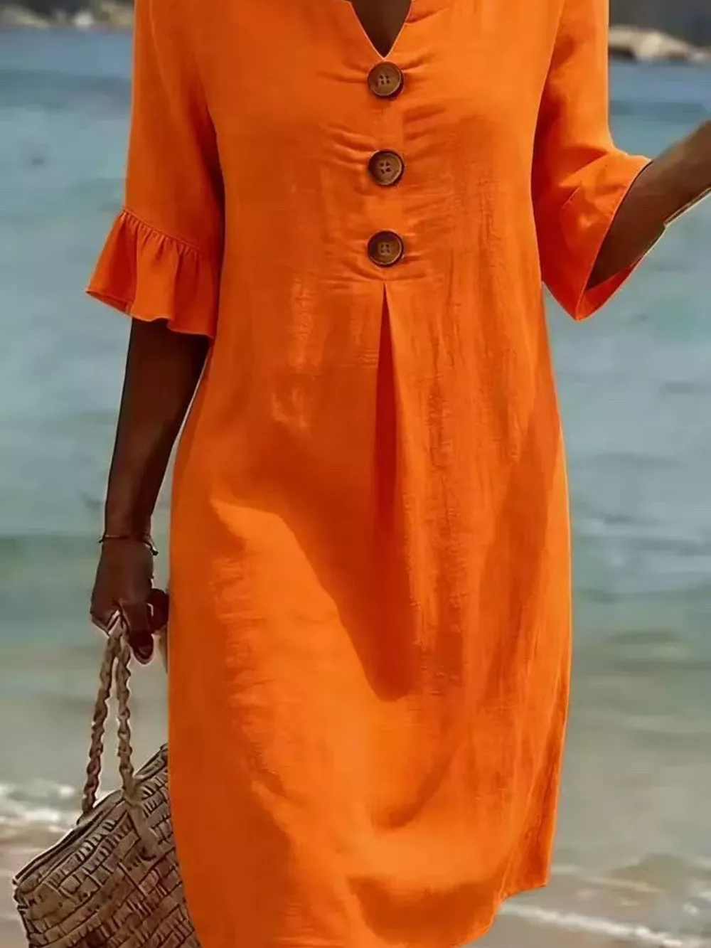 Full Size Decorative Button Ruffle Half Sleeve Dress Plus Size, image 15